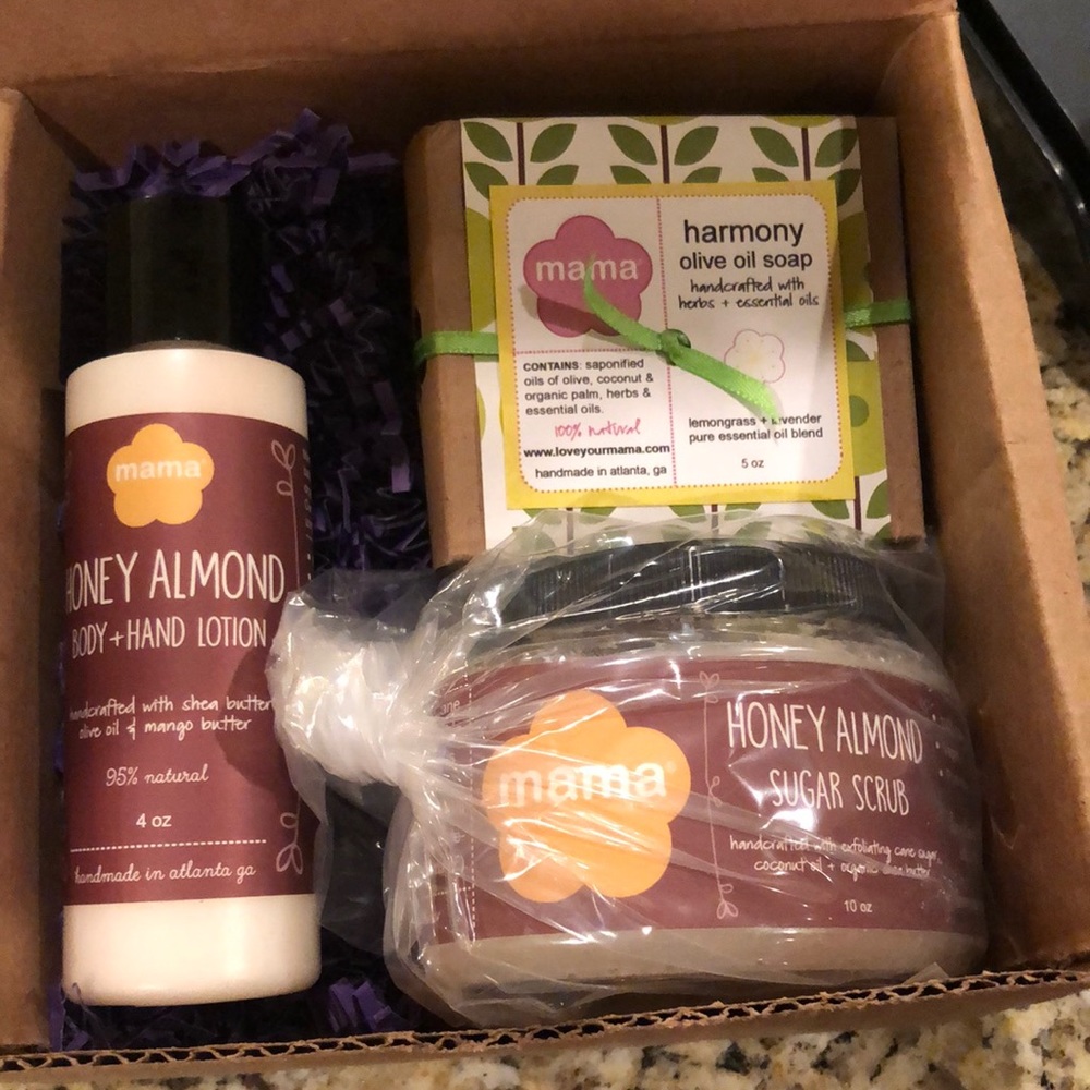 Honey almond sugar scrub & lotion, olive oil soap